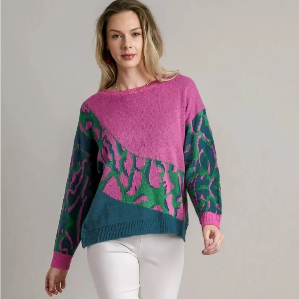 Umgee Colorblock Leopard Pullover Sweater in Green Mix NWT Sz Large